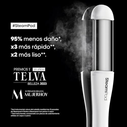L’Oréal Professionnel, Steampod 4, Plancha de Pelo Profesional con Tecnología a Vapor, Moldeador Todo en uno, para Todo Tipo de Cabello, Color Blanco